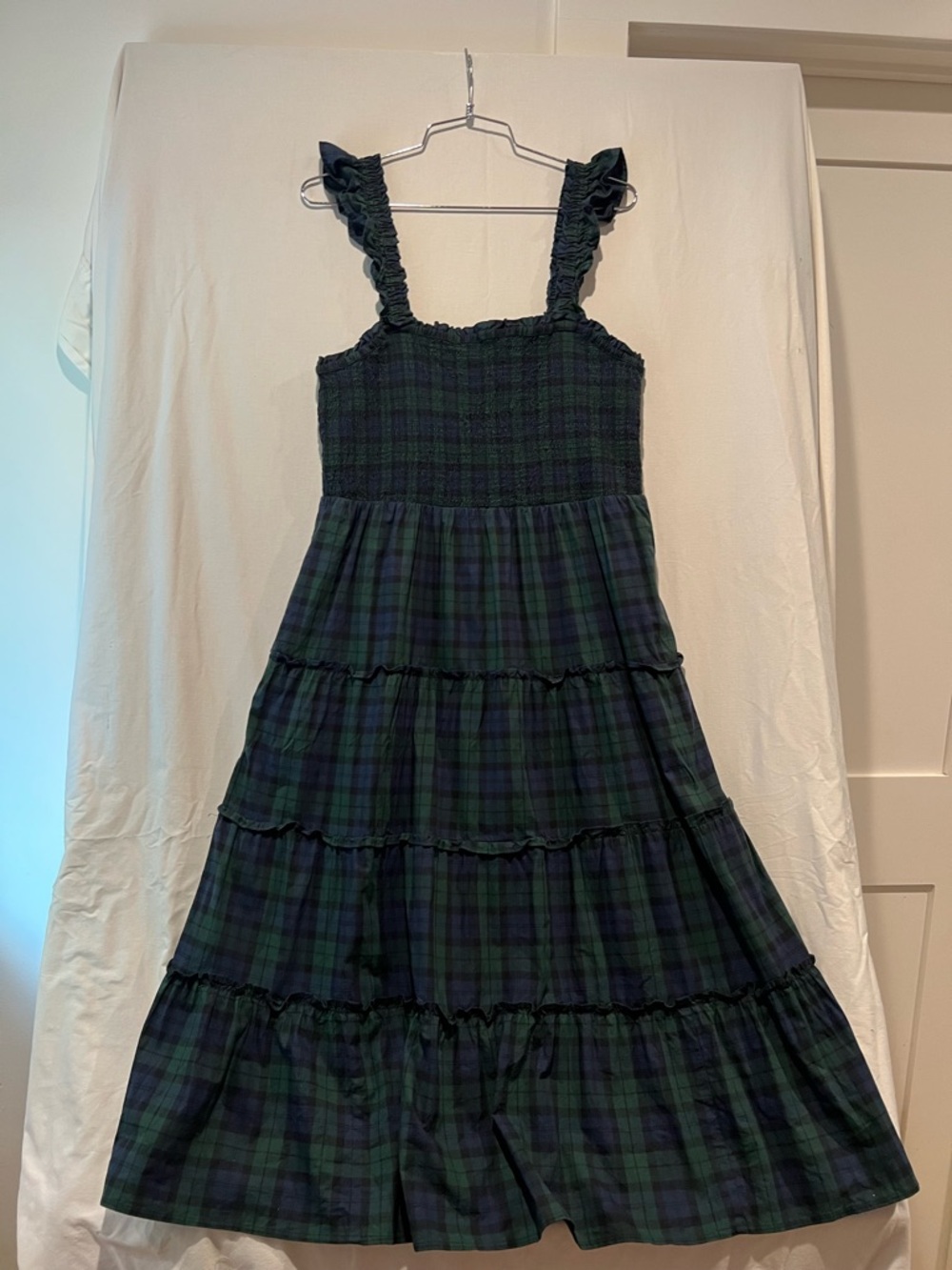 J.Crew Blackwatch Plaid Tiered Midi Dress Green Navy Ruffle Strap M